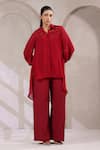 Buy_K-Anshika_Red Organza Sequins, Beads, Embroidery V-neck, Collared Shirt With Pant _at_Aza_Fashions