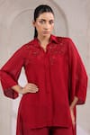 K-Anshika Red Organza Sequins, Beads, Embroidery V-neck, Collared Shirt With Pant Online at Aza Fashions K-Anshika_Red Organza Sequins, Beads, Embroidery V-neck, Collared Shirt With Pant _Online_at_Aza_Fashions