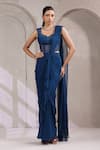 Buy_K-Anshika_Blue Satin Sequins, Beads Sweetheart Pre-draped Saree With Embroidered Corset _at_Aza_Fashions
