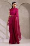 Shop_K-Anshika_Magenta Organza Sequins, Beads Collared, V-neck Ombre Saree With Pleated Blouse _at_Aza_Fashions