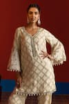 Mustard Moon By Neyha And Vrinda_Ivory Georgette Gota Patti, Pearls, Embroidered Bell Sleeve Kurta And Pant Set _Online_at_Aza_Fashions