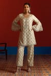 Buy_Mustard Moon By Neyha And Vrinda_Ivory Georgette Gota Patti, Pearls, Embroidered Bell Sleeve Kurta And Pant Set _at_Aza_Fashions