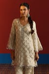 Buy_Mustard Moon By Neyha And Vrinda_Ivory Georgette Gota Patti, Pearls, Embroidered Bell Sleeve Kurta And Pant Set 