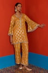 Buy_Mustard Moon By Neyha And Vrinda_Yellow Georgette Gota Patti, Pearls, Mirrors V-neck Embroidered Kurta And Pant Set _Online_at_Aza_Fashions