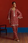 Buy_Mustard Moon By Neyha And Vrinda_Red Georgette Gota Patti, Pearls, Mirrors V-neck Embroidered Kurta And Pant Set 