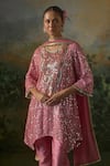 Shop_Mustard Moon By Neyha And Vrinda_Pink Georgette, Silk Sequins, Beads, Pearls Embroidered Asymmetric Kurta Set _Online_at_Aza_Fashions