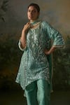 Buy_Mustard Moon By Neyha And Vrinda_Green Georgette, Silk Sequins, Beads, Asymmetric Hem And Threadwork Kurta Set _Online_at_Aza_Fashions