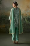 Shop_Mustard Moon By Neyha And Vrinda_Green Georgette, Silk Sequins, Beads, Asymmetric Hem And Threadwork Kurta Set _at_Aza_Fashions