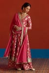Buy_Mustard Moon By Neyha And Vrinda_Pink Chanderi, Georgette Foil Printing, Banarasi Panelled Anarkali Palazzo Set 