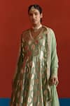 Mustard Moon By Neyha And Vrinda_Green Chanderi, Georgette Foil Printing, Banarasi Panelled Anarkali Palazzo Set _Online_at_Aza_Fashions