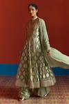 Mustard Moon By Neyha And Vrinda_Green Chanderi, Georgette Foil Printing, Banarasi Panelled Anarkali Palazzo Set _at_Aza_Fashions