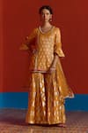 Buy_Mustard Moon By Neyha And Vrinda_Yellow Chanderi, Net Pearls, Foil Printing, Sequins, Banarasi Kurta Sharara Set _at_Aza_Fashions