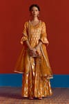 Mustard Moon By Neyha And Vrinda_Yellow Chanderi, Net Pearls, Foil Printing, Sequins, Banarasi Kurta Sharara Set _Online_at_Aza_Fashions