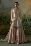 Shop_Mustard Moon By Neyha And Vrinda_Beige Brocade, Georgette, Net Mirrors, Sequins, Embroidery, Kurta Sharara Set _Online_at_Aza_Fashions