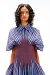 Leh Studios_Blue Cotton Collared, Button-down Neck Zora Striped Dress _at_Aza_Fashions