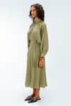 Buy_Leh Studios_Olive Green Viscose, Polyester, Crepe Collared, Bernie Stripe Pattern Dress _Online_at_Aza_Fashions
