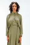 Shop_Leh Studios_Olive Green Viscose, Polyester, Crepe Collared, Bernie Stripe Pattern Dress _Online_at_Aza_Fashions