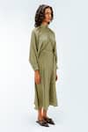 Leh Studios_Olive Green Viscose, Polyester, Crepe Collared, Bernie Stripe Pattern Dress _at_Aza_Fashions