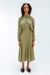 Buy_Leh Studios_Olive Green Viscose, Polyester, Crepe Collared, Bernie Stripe Pattern Dress _at_Aza_Fashions
