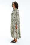 Leh Studios_Green Viscose, Polyester Piping Collared, Florix Print Crepe Cape Dress _Online_at_Aza_Fashions