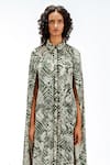 Buy_Leh Studios_Green Viscose, Polyester Piping Collared, Florix Print Crepe Cape Dress _Online_at_Aza_Fashions