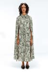 Buy_Leh Studios_Green Viscose, Polyester Piping Collared, Florix Print Crepe Cape Dress _at_Aza_Fashions