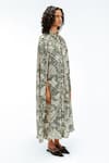 Leh Studios_Green Viscose, Polyester Piping Collared, Florix Print Crepe Cape Dress _at_Aza_Fashions