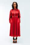 Buy_Leh Studios_Red Viscose, Polyester Collared Selma Pleated Dress _at_Aza_Fashions