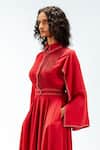 Buy_Leh Studios_Red Viscose, Polyester Collared Selma Pleated Dress _Online_at_Aza_Fashions