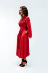 Leh Studios_Red Viscose, Polyester Collared Selma Pleated Dress _at_Aza_Fashions