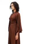 Shop_Leh Studios_Brown Viscose, Polyester Split V-neck Kaia Draped Dress _at_Aza_Fashions