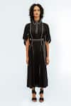 Buy_Leh Studios_Black Viscose, Polyester Piping Collared, Button-down Neck Samara Panelled Dress _at_Aza_Fashions