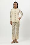 Buy_Linera_Off White Linen Embroidery Collared Contrast Shirt With Pant _at_Aza_Fashions
