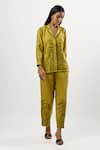 Buy_Linera_Yellow Linen Embroidery Collared, V-neck Shirt And Pant Set 