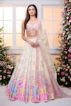 Buy_Label Priyanka Kar_Off White Satin Beads, Crystals, Embroidery, Sequins Garden Printed Lehenga Set 