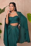 Shop_Vridhi Somaani_Green Satin, Georgette, Net Beads, Embroidery Open Amara Long Cape And Skirt Set _Online_at_Aza_Fashions