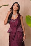 Vridhi Somaani_Wine Satin, Georgette, Crepe, Net Estelle Pre-draped Saree And Corset Set _Online_at_Aza_Fashions
