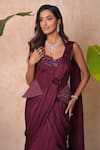 Buy_Vridhi Somaani_Wine Satin, Georgette, Crepe, Net Estelle Pre-draped Saree And Corset Set _Online_at_Aza_Fashions
