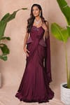 Vridhi Somaani_Wine Satin, Georgette, Crepe, Net Estelle Pre-draped Saree And Corset Set _at_Aza_Fashions