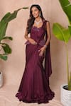 Buy_Vridhi Somaani_Wine Satin, Georgette, Crepe, Net Estelle Pre-draped Saree And Corset Set _at_Aza_Fashions