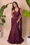 Buy_Vridhi Somaani_Wine Satin, Georgette, Crepe, Net Estelle Pre-draped Saree And Corset Set 