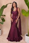 Shop_Vridhi Somaani_Wine Satin, Georgette, Crepe, Net Estelle Pre-draped Saree And Corset Set 