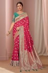 Buy_Naintara Bajaj_Pink Georgette, Silk Embroidery V-neck Bloom Woven Saree Set With Blouse_at_Aza_Fashions