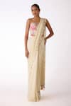 Buy_Basanti Kapde aur Koffee_Off White Georgette Beads, Mirrors, Embroidery, Pre-draped Saree With Blouse _at_Aza_Fashions