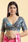 Buy Samyukta Singhania Blue Brocade Embroidery Plunge Neck Gul Art Woven Blouse Buy_Samyukta Singhania_Blue Brocade Embroidery Plunge Neck Gul Art Woven Blouse