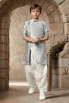 Petite Pomme_Gray Silk, Cotton Solid Grey Angarkha Kurta Set _Online_at_Aza_Fashions