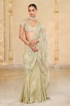 Buy_Arpita Mehta_Green Tissue, Net Embroidery, Mirrors, Sequins V-neck Godet Hand Saree Set _at_Aza_Fashions