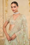 Buy_Arpita Mehta_Green Tissue, Net Embroidery, Mirrors, Sequins V-neck Godet Hand Saree Set _Online_at_Aza_Fashions