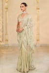 Arpita Mehta_Green Tissue, Net Embroidery, Mirrors, Sequins V-neck Godet Hand Saree Set _at_Aza_Fashions