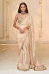Buy_Arpita Mehta_Gold Tissue, Net Mirrors, Sequins, Embroidery V-neck Hand Saree And Blouse Set _at_Aza_Fashions